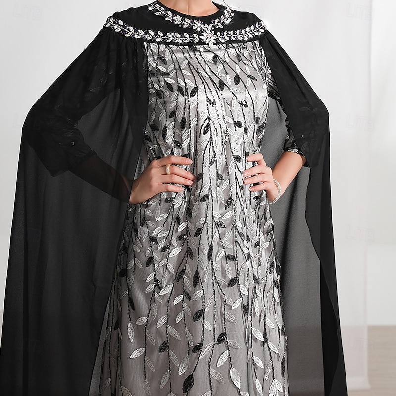 Cape Dress A-Line Mother of the Bride Dress Elegant Crew Neck Crystals Floor Length Long Sleeve with Embroidery Lace2