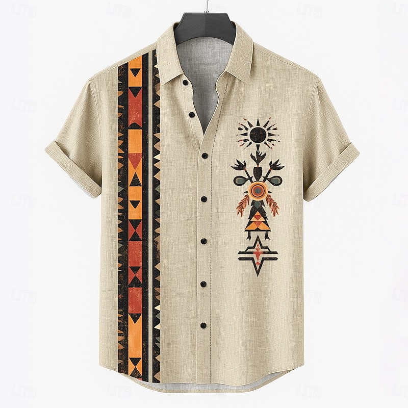 Men's Linen Shirt Summer Shirt Beach Wear Button Up Shirt Tribal Vacation Casual Brown Green Khaki Short Sleeve Turndown Summer Spring Clothing Apparel4