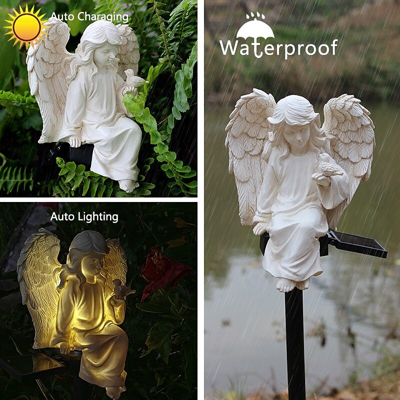 1 Pc outdoor solar long hair winged angel ornament lamp angel sculpture ground insertion lamp garden courtyard balcony potted plant decoration lights