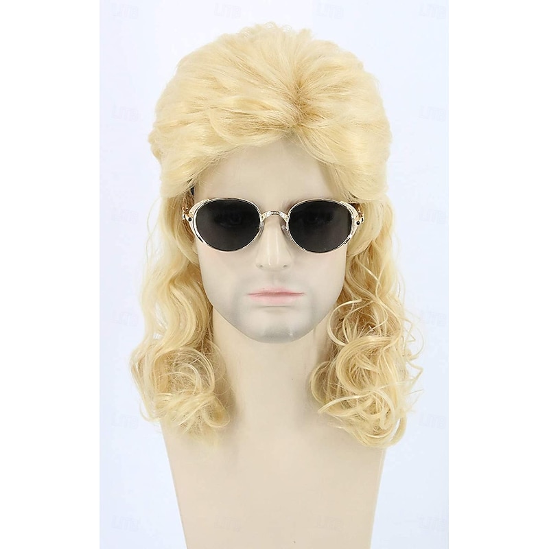 Men's Wig 80s Wig Blonde Long Straight Hair Mullet Wig Halloween Costume Fashion Wig Fancy Party Accessories Wig