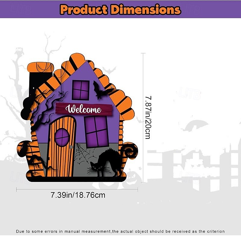 Halloween Welcome Wood Door Hanger, Purple Haunted House and Cat Hanging Sign, Spooky Front Door Wreath for Halloween Decor4