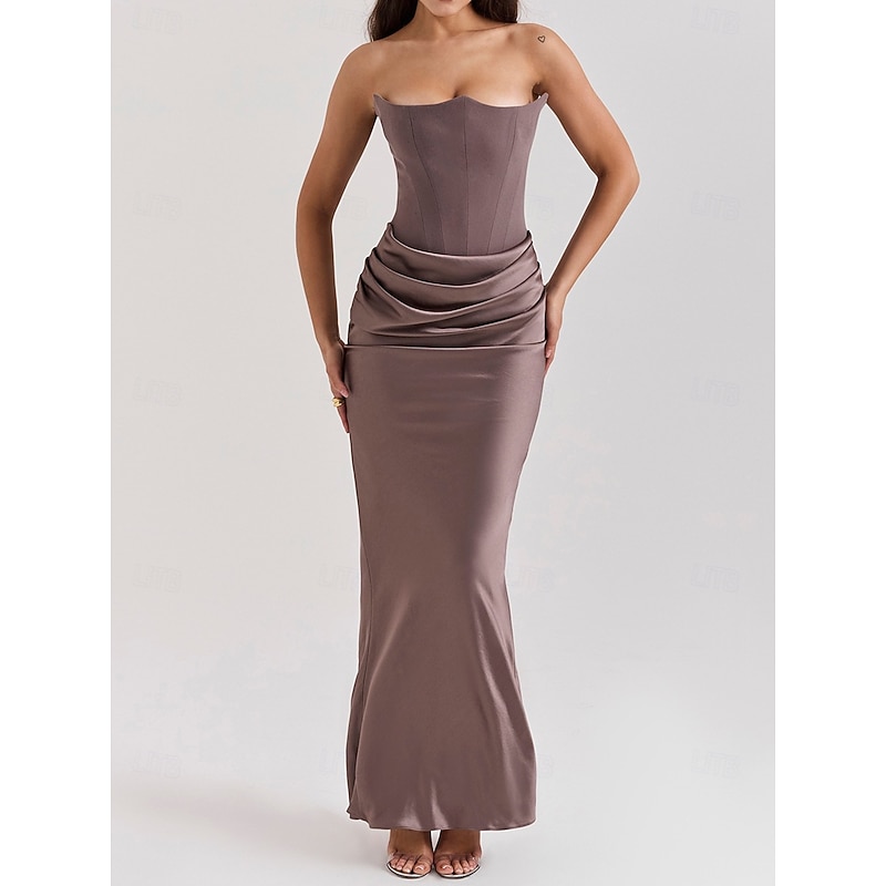 Women's Long Dress Maxi Dress Corset Dress Cocktail Dress Satin Dress Fashion Modern Party Evening Party Tea Party Slim Plain Sleeveless Strapless Brown Summer
