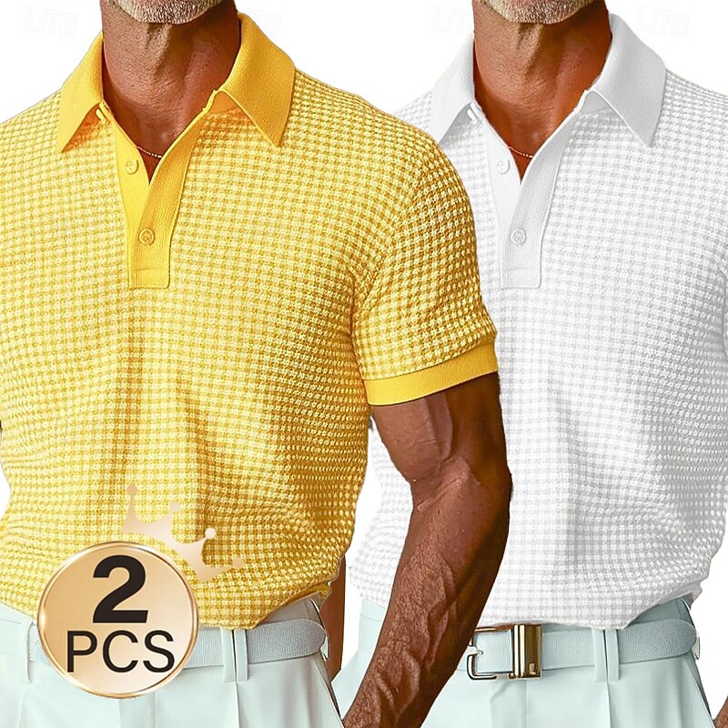 Men's  2Pcs Waffle Polo Shirts Vacation Casual Turndown Short Sleeve Vacation Leisure Plain Pocket  Summer