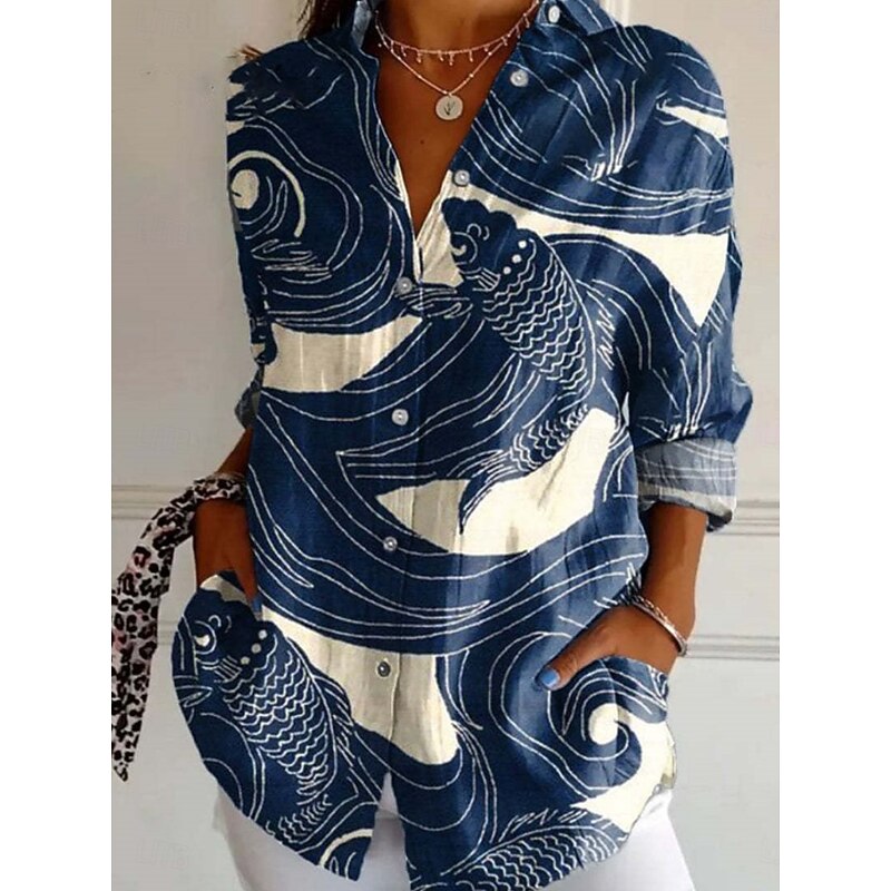 Women's Shirt Floral Geometric Stylish Modern Long Sleeve Shirt Collar Regular Tops Daily Holiday Buttons Print Red Navy Blue Blue Fuchsia Summer4