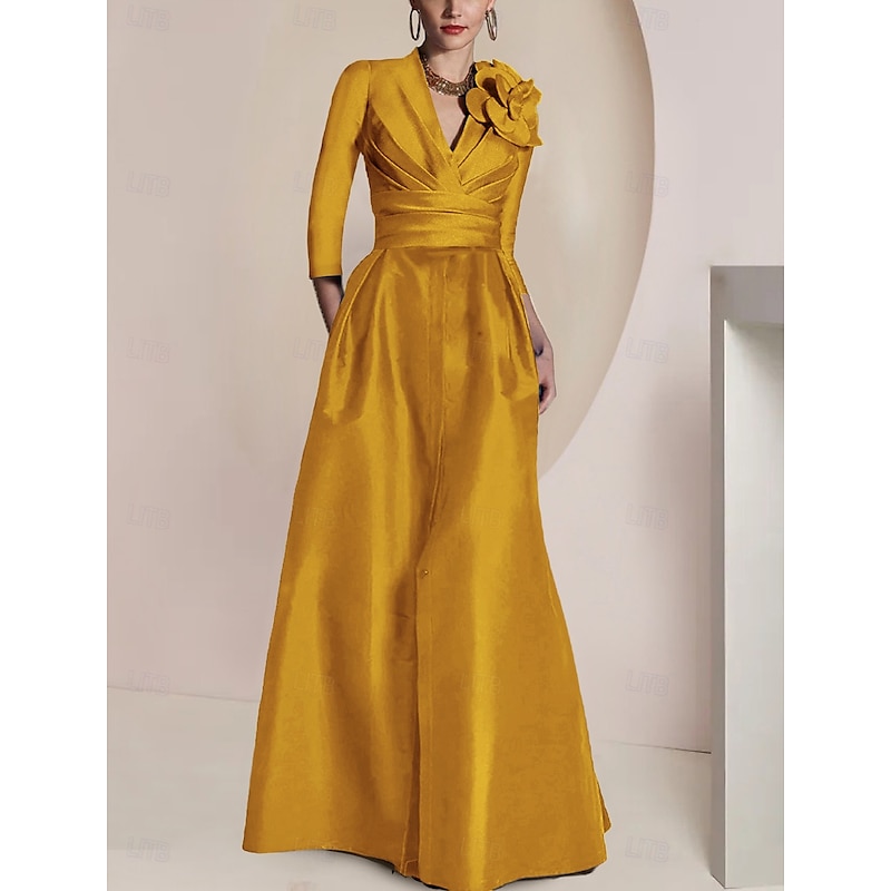 A-Line Mermaid Sheath Mother of the Bride Dress Elegant Vintage Party Jewel Neck V Neck Floor Length Chiffon 3/4 Length Sleeve Half Sleeve with Ruched Draping Split Front 7