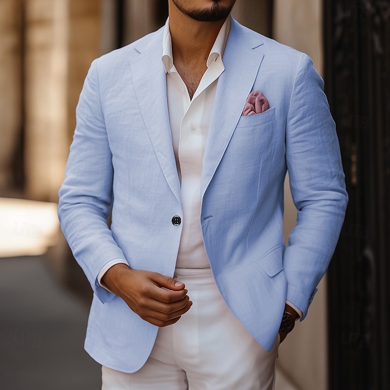 Men's Linen Blazer Sport Coat Notch Collar Fashion Casual Solid Colored Linen Blazer Pink Light Blue Standard Fit Single Breasted One-button