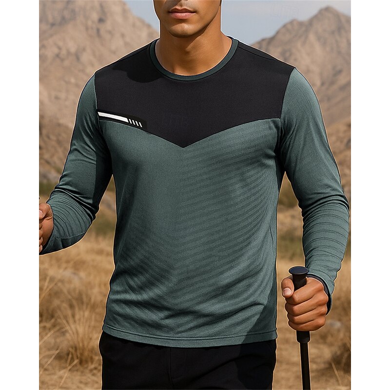 Men's Hiking Tee shirt Hiking Sweatshirt Hiking top Long Sleeve Crew Neck Tee Tshirt Top Outdoor Breathable Quick Dry Lightweight Elastic Pullover Polyester Patchwork Black White Army Green Tennis4