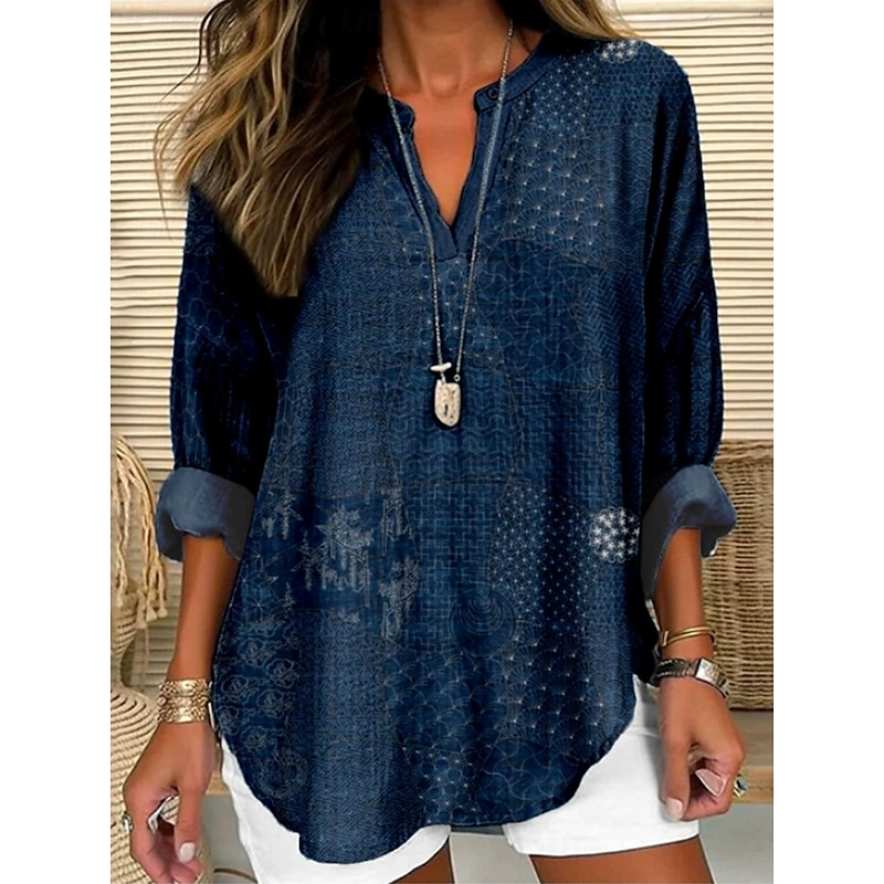 Women's Blouse Tunic V Neck Long Sleeve Boho Casual Tops Graphic Geometric Paisley Vintage Daily Stylish Notched Neck Regular Tops Daily Resort Wear Print Maroon Navy Blue Brown Summer Fall2