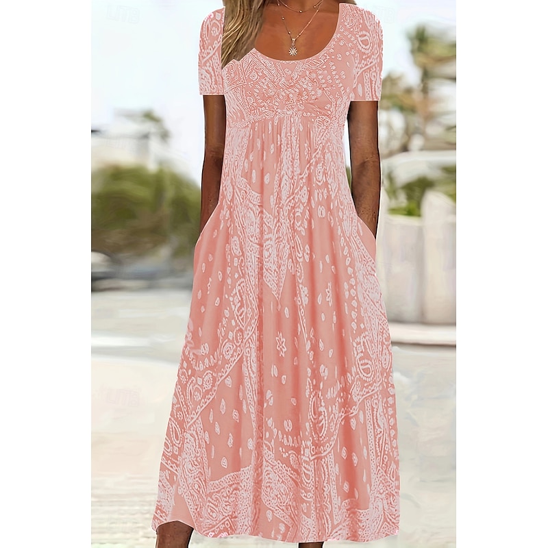 Women's Midi Dress A Line Dress Summer Dress Casual Daily Regular Fit Paisley Short Sleeve Square Neck Pink Red Blue Gray Summer2