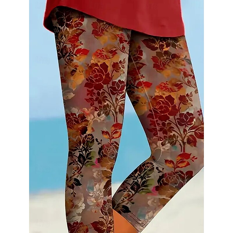 Women's Capri Pants Leggings Vacation Vintage Ethnic Style Calf-Length High Waist Floral Graphic Leaf Soft Comfortable Breathable Stretchy Vacation Causal Casual Maroon Azure Orange red Summer Spring2