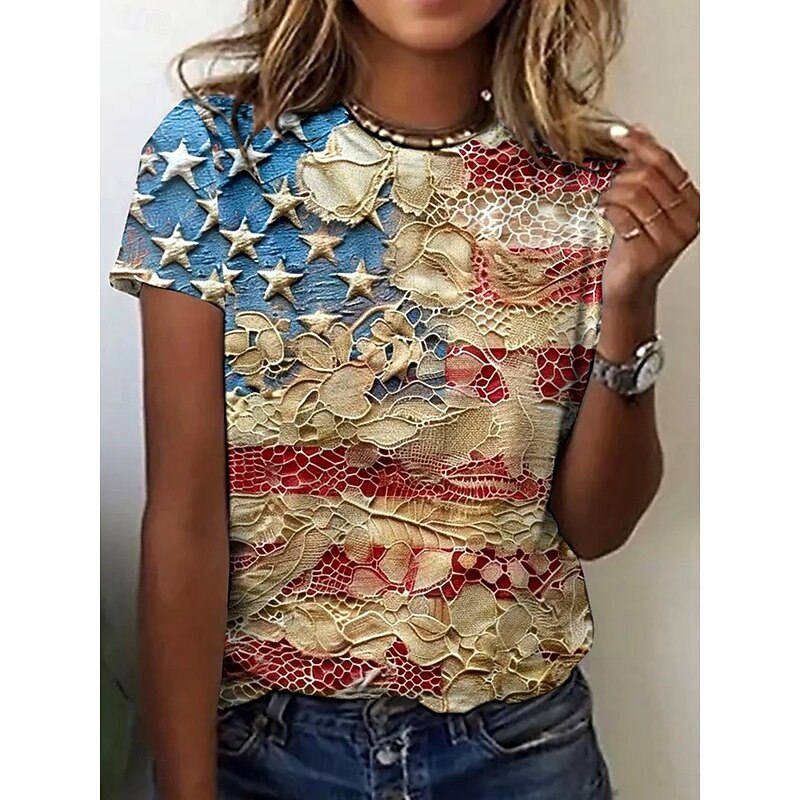 Women's Patriotic  T Shirt Floral Graphic Flag Fashion Casual Short Sleeve Crew Neck Round Neck Regular Tops Daily Print Blue Khaki Summer Spring2