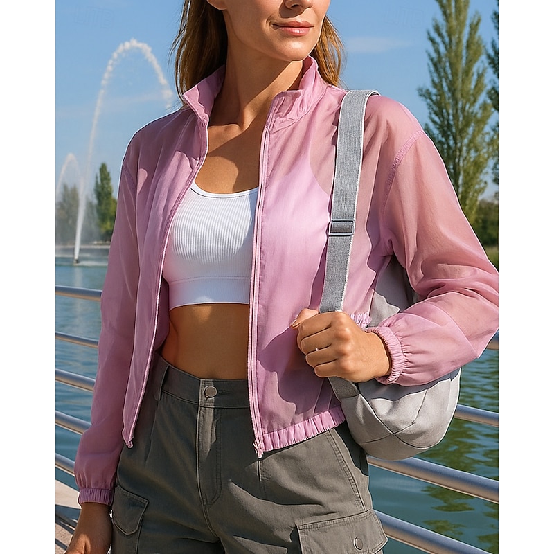 Women's Running Jacket Outdoor Jacket Full Zip Long Sleeve Outerwear Athletic Solid Colored Sun Protection Lightweight Breathable Tennis Golf Running Sportswear Activewear White Yellow Purple