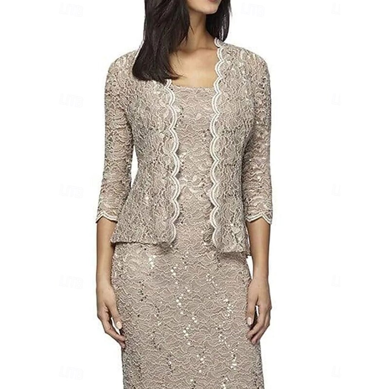 Two Piece Dress Sets Mother of the Bride Dress Elegant Square Neck Knee Length Lace 3/4 Length Sleeve with Lace4