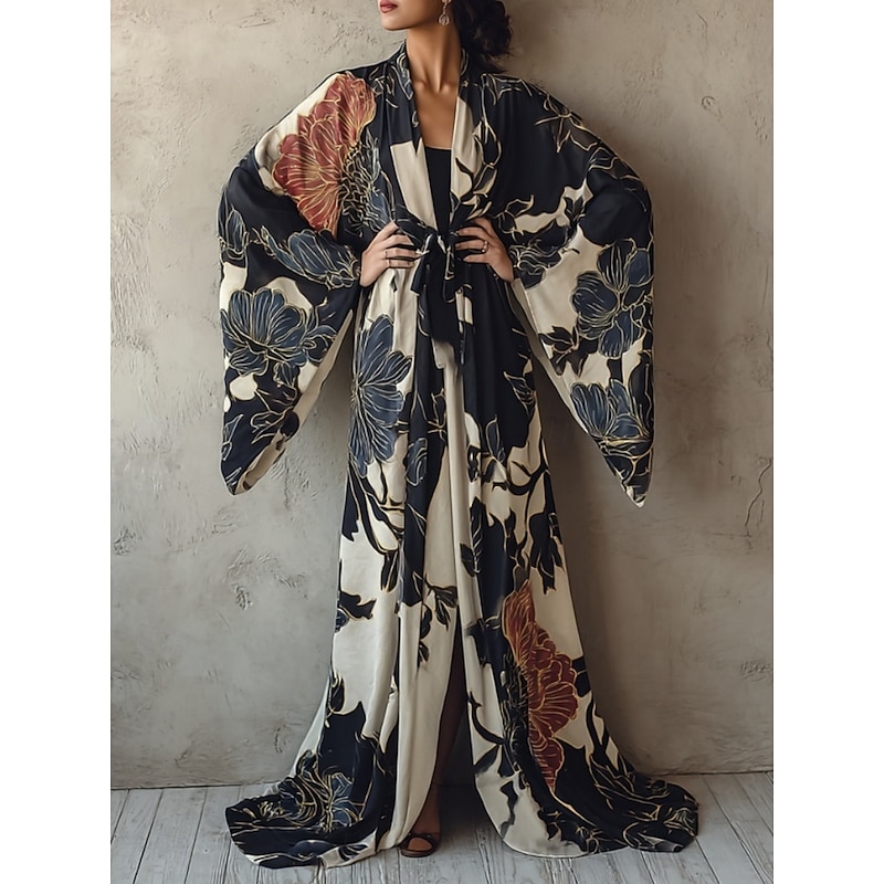 Women's Long Dress Maxi Dress Boho Dress Casual Dress Swing Dress Vacation Dress Fashion Modern Daily Holiday Beach Regular Fit Floral Long Sleeve V Neck Black White Navy Blue Purple Summer Spring2