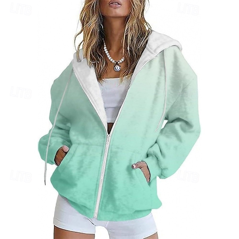 Women's Casual Jacket Comfortable Pocket Print Sports Fashion Outdoor Pattern Casual Daily Weekend Zipper Regular Hooded Regular Fit Long Sleeve Outerwear Light Green Pink Orange Spring Fall3