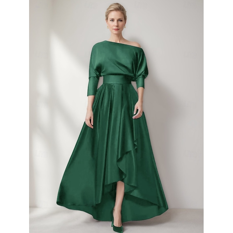 A-Line Mother of the Bride Evening Gown Elegant Dress Formal Wedding Asymmetrical Long Sleeve One Shoulder Pocket Satin with Ruffles Slit4
