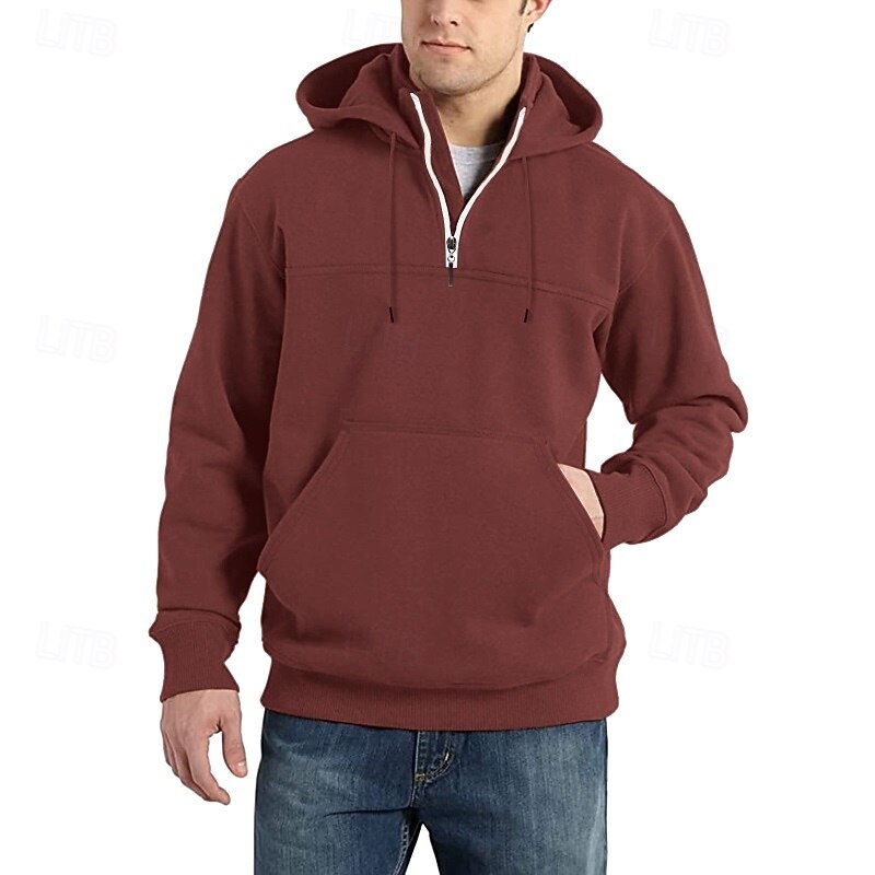 Men's Hoodie Zip Sweatshirt Black Wine Navy Blue Blue Dark Green Hooded Plain Zip Up Front Pocket Quarter Zip Sports & Outdoor Casual Daily Streetwear Cool Sportswear Spring &  Fall Clothing Apparel3