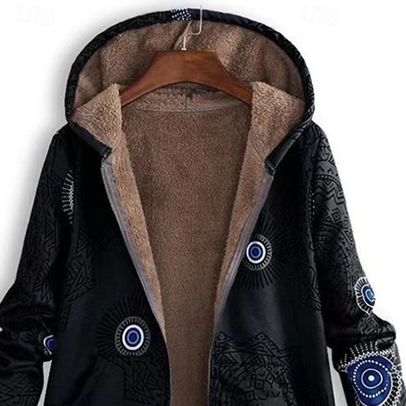 Women's Fleece Jacket Coat Hoodie Jacket Warm Comfortable Zipper Pocket Fashion Modern Casual Geometric Going out Weekend Zipper Regular Hooded Regular Fit Long Sleeve Outerwear Black Winter2