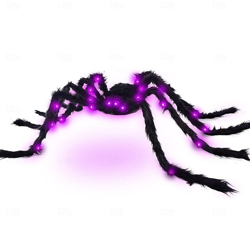 Halloween Decoration Spider with LED Purple Lights, Outdoor Halloween Spider Decorations, Black Hairy Scary Realistic Spider Props for Yard, Home, Party Creepy Decor4