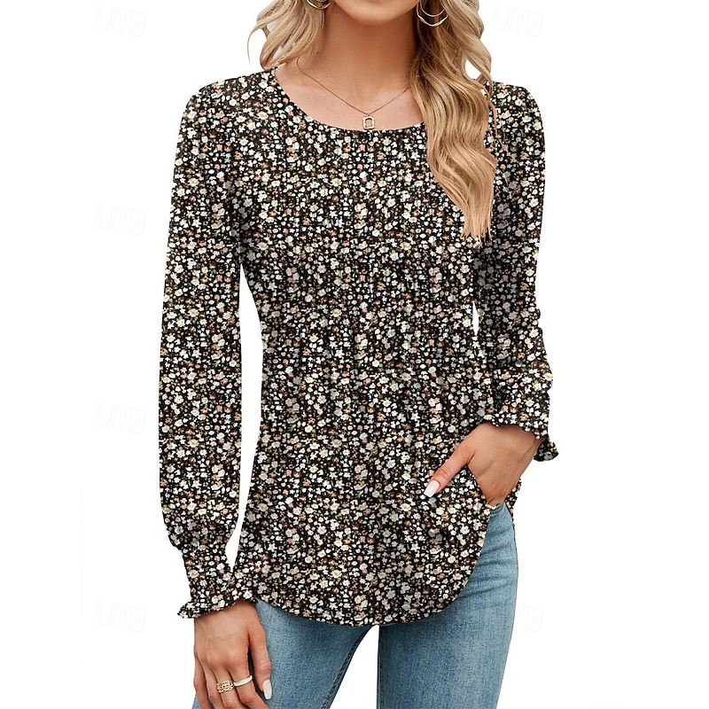 Women's Blouse Flower Modern Casual Long Sleeve Crew Neck Regular Tops Daily Holiday Print Black Yellow Army Green Fall