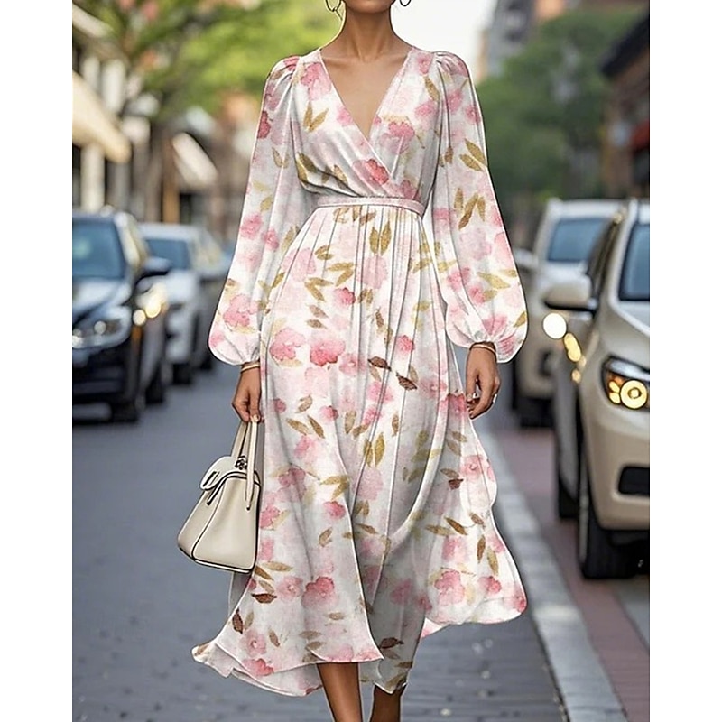 Women's Midi Dress Casual Dress Print Dress Elegant Fashion Outdoor Party Holiday Regular Fit Flower Long Sleeve V Neck Pink Blue Summer Spring2