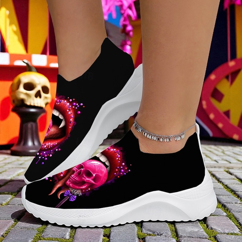 Women's Halloween Slip-On Sneakers – Black Flyknit Comfort Shoes with Vampire Lips and Skull Print for Costume Parties, Trick-or-Treating and Casual Fall Wear Sarah Richter4