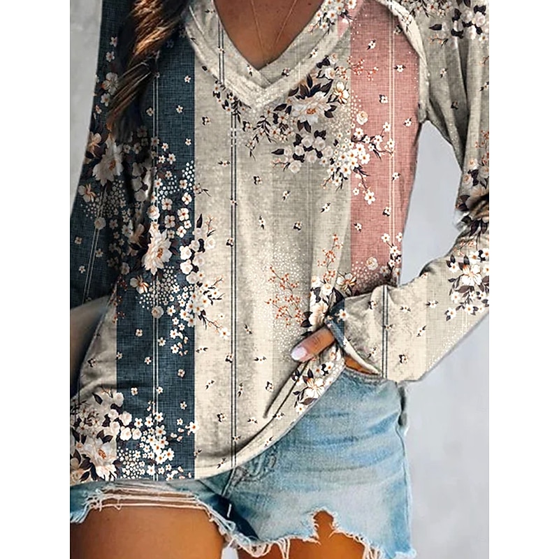 Women's T shirt Long Sleeve V Neck Long Sleeve Graphic Casual Floral Geometric Vintage Western Regular Tops Daily Weekend Vacation Wear Print Yellow Wine Dusty Rose Spring Fall Prefall3