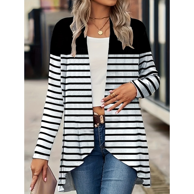 Women's Casual Jacket Breathable Comfortable Print Vintage Casual Floral Vacation Street Casual Daily Wear Open Front Regular Collarless Regular Fit Long Sleeve Outerwear Black And White Black Yellow