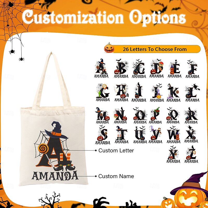 Personalized Name Halloween Treat Bag for Kids Custom Initial Candy Tote Bag Basket for Trick or Treat, Halloween-Themed Gift with Custom Name and Initial, Unique Trick-or-Treater Present for Boys and Girls4