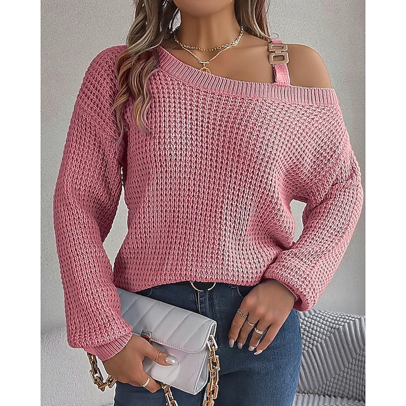 Women's Sweater Fashion Solid Color Ribbed Crew Neck Knitted Long Sleeve Regular Tops Knit Holiday Going out Weekend Pink Fall