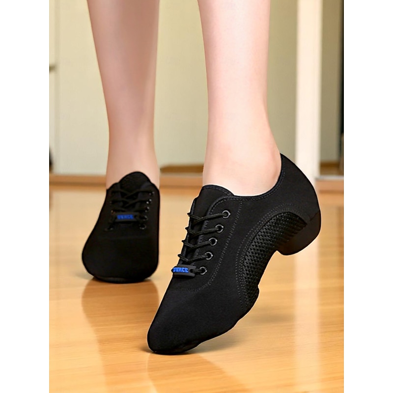 Women's Black Lace-Up Dance Sneakers - Breathable Lightweight Jazz and Fitness Practice Shoes for Latin and Ballroom Training