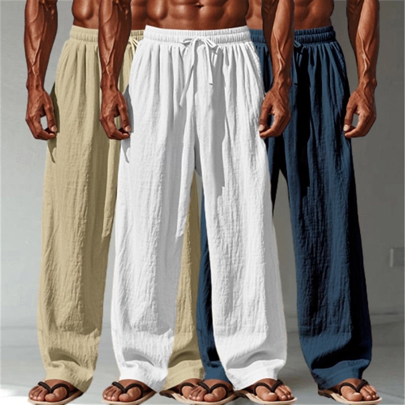 Men's Linen Pants Trousers Summer Pants Baggy Pants Beach Pants Drawstring Elastic Waist Straight Leg Plain Comfort Breathable Full Length Outdoor Casual Daily Vacation Fashion White+Black+Gray2