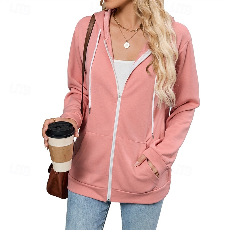 Women's Zip Up Sweatshirts Plain Streetwear Casual Comfy Long Sleeve Hooded Regular Tops Street Holiday Going out Zip Up Pocket Black Pink Wine Navy Blue Blue Fall