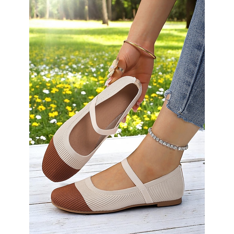 Women's Two-Tone Knit Ballet Flats with Strap – Breathable Casual Mary Jane Shoes for Daily Wear, Walking and Spring Outings