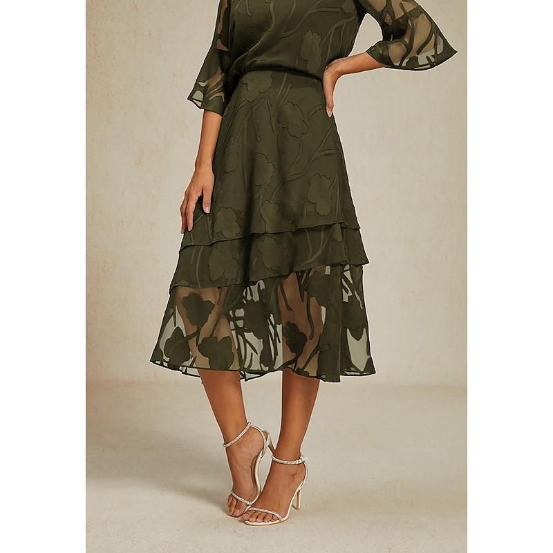 Women's Skirt Elegant Midi Mid Waist Skirts Floral Layered Inelastic Party Causal Olive Summer Chiffon