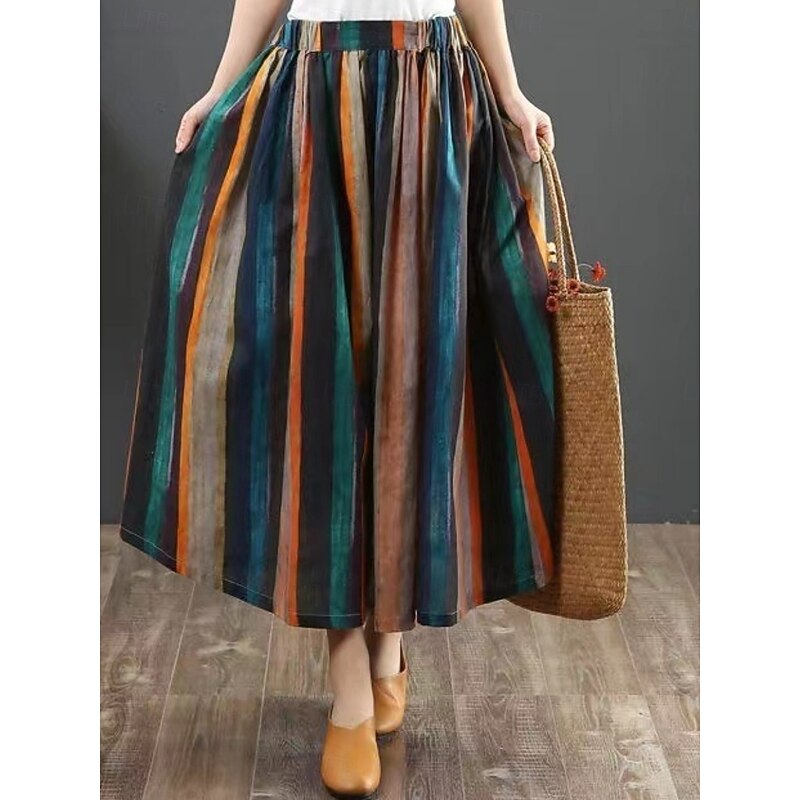 Women's Skirt A Line Fashion Casual Maxi High Waist Skirts Striped Pocket Print Micro-elastic Street Daily Red Summer Polyester