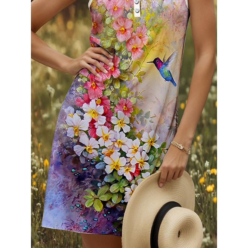 Women's Mini Dress Sundress Shift Dress Off The Shoulder Dress Vacation Casual Going out Regular Fit Floral Graphic Sleeveless V Neck Yellow Red Blue Purple Summer Spring3