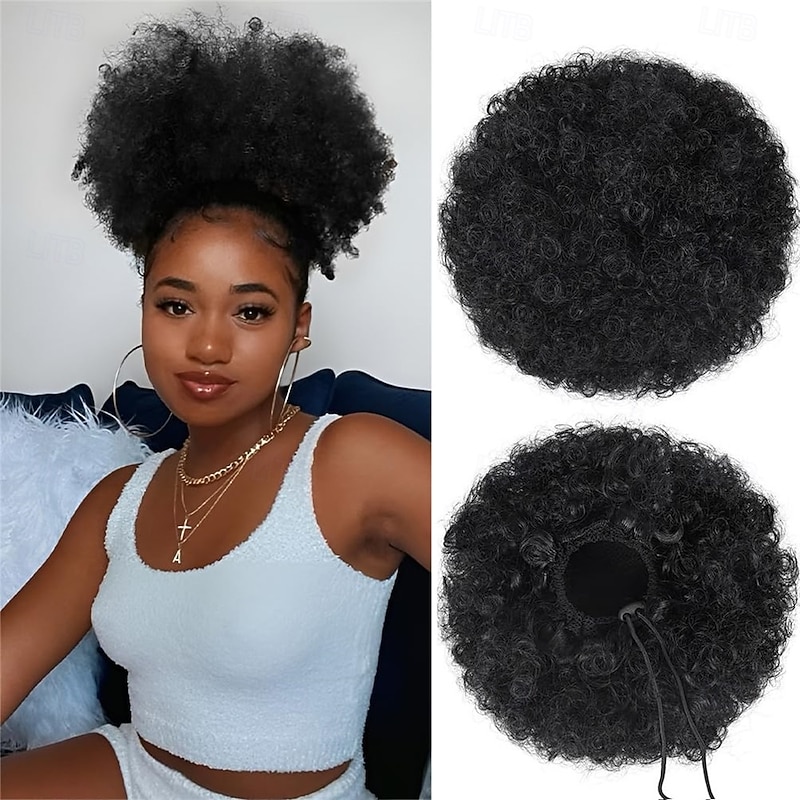 Afro Puff Drawstring Ponytail Extension Short Afro Wigs Curly Bun Hair Pieces For Women Clip On Kinky Curly Synthetic Hairpieces Natural Black 1B