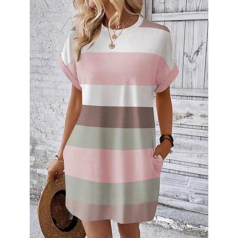 Women's Mini Dress T Shirt Dress Tee Dress Shift Dress Casual Outdoor Daily Holiday Regular Fit Stripe Short Sleeve Crew Neck Pink Sky Blue Brown Green Summer