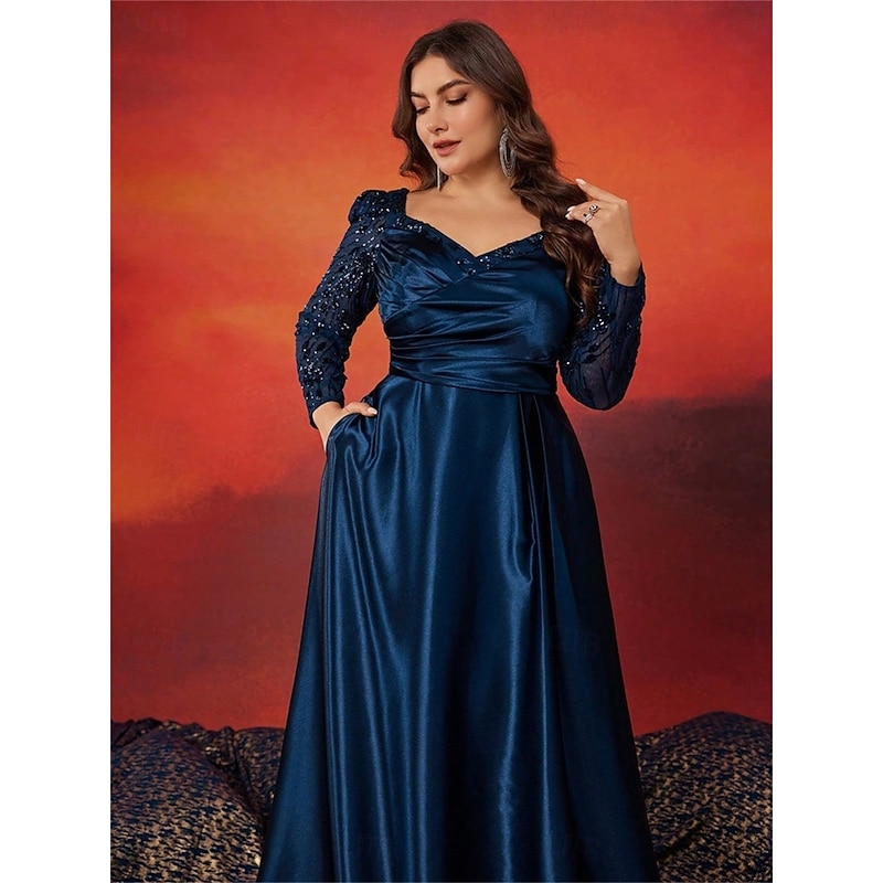 A-Line Plus Size Dresses Elegant Curve Dress Formal Wedding Floor Length Long Sleeve Sweetheart Satin with Pleats2