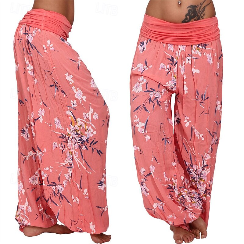 Women's Pants Trousers Harem Pants Palazzo Pants Fashion Boho Full Length Mid Waist Print Elastic Waist Comfy Comfortable Micro-elastic Street Daily Wear Going out White Yellow Light Green Pink4