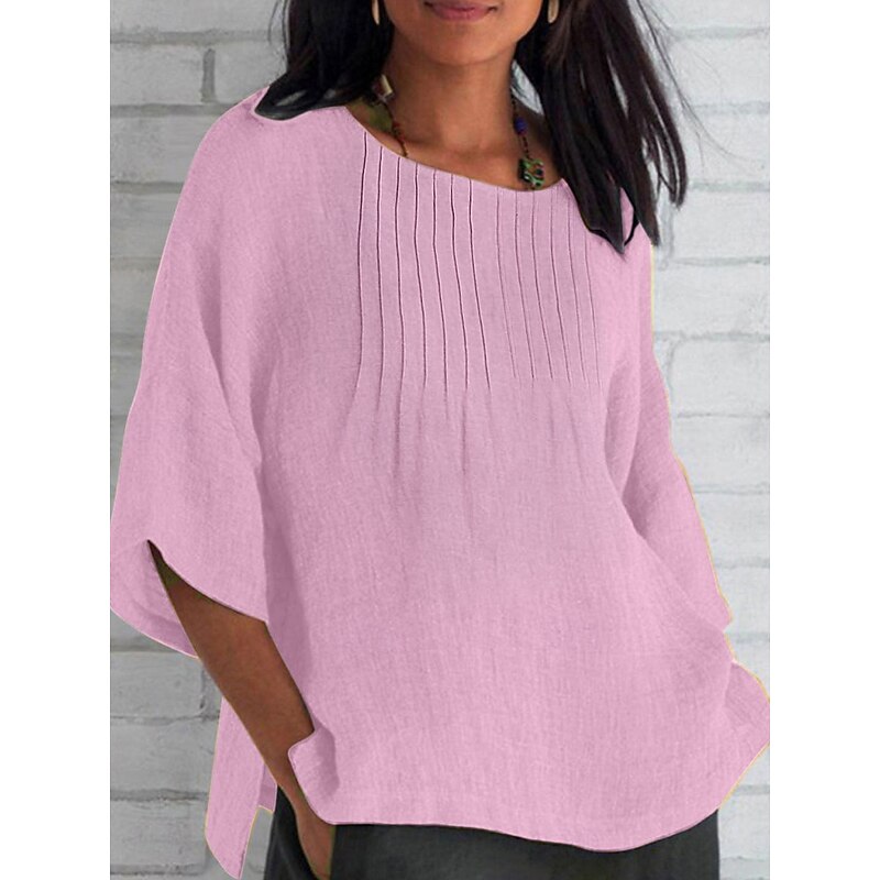 Women's Cotton Linen Shirts Solid Color Casual 3/4 Length Sleeve Boat Neck Regular Tops Daily White Pink Orange Green Summer Spring4