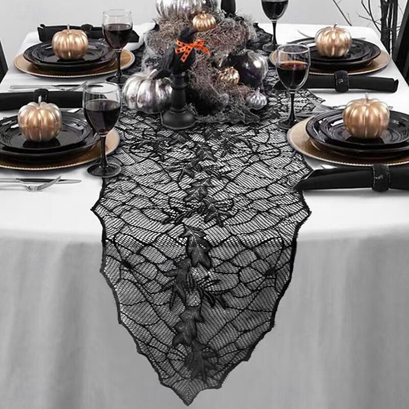 Lace Halloween Table Runner with Leaf Design Pattern for Halloween Table Decorations and Scary Movie Nights