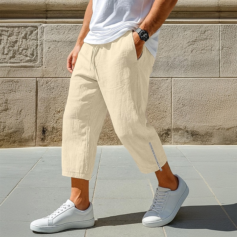 Men's Linen Pants Trousers Summer Pants Baggy Pants Beach Pants Zipper Elastic Waist Drawstring Plain Comfort Breathable Ankle-Length Casual Daily Holiday Vacation Fashion Black White Inelastic