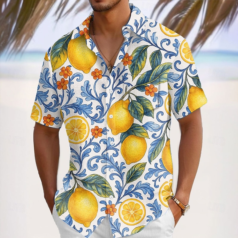 Men's Fruit Lemon Tropical Plants Summer Hawaiian Shirt Button Up Shirt Aloha Shirt Short Sleeve Shirt Turndown Hawaiian Vacation Holiday Beach Wear Blue Dark Green Green S M L