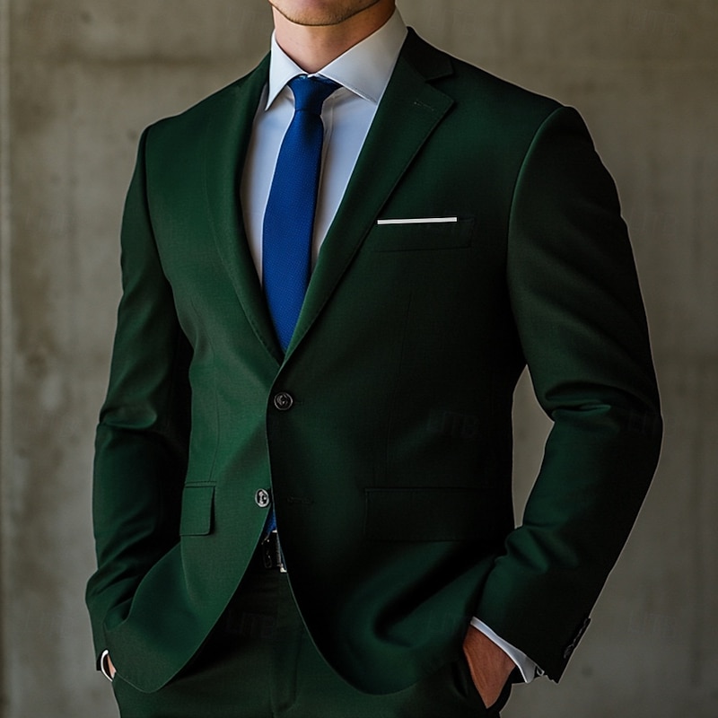 Men's Wedding Business Suits Notch Lapel Dark Green Daily Formal Solid Colored Standard Fit 2 Piece Single Breasted Two-buttons3