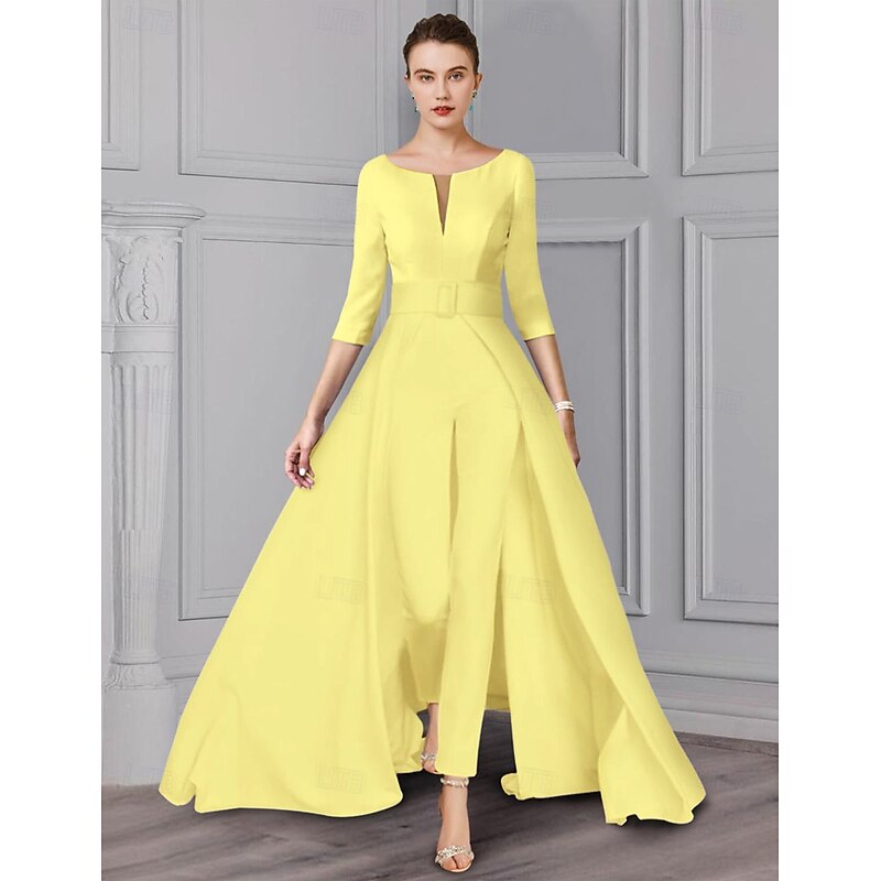 Jumpsuit Mother of the Bride Formal Wedding Guest Elegant detachable V Neck Floor Length Satin 3/4 Length Sleeve with Sash / Ribbon 5