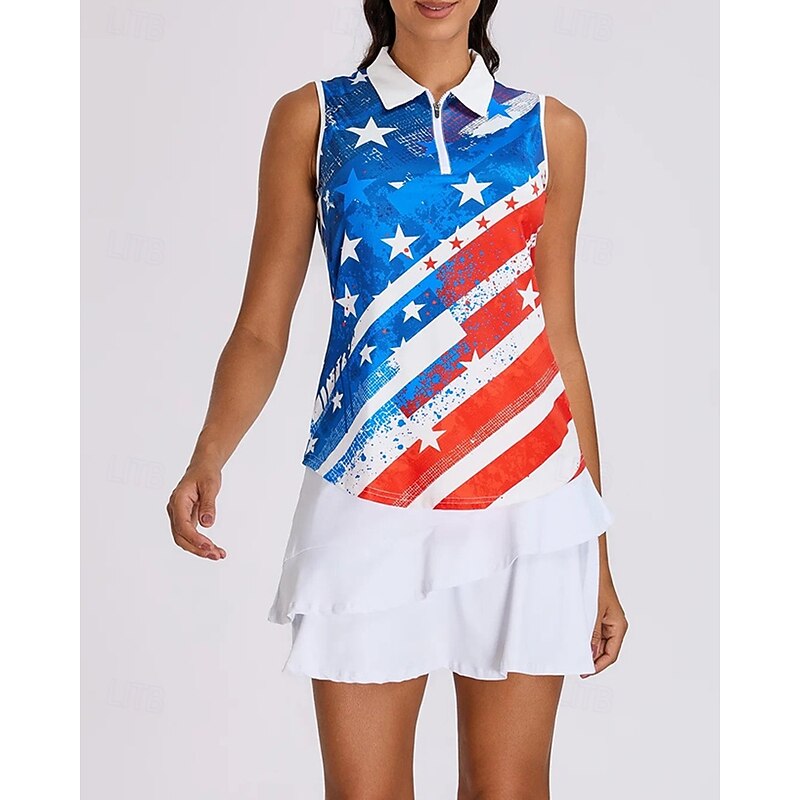 Women's Graphic National Flag Sport Shirt Golf Polo Shirt Tennis Shirt Sleeveless Zipper High Elasticity Moisture Wicking Breathable Tennis Golf Pickleball Turndown Zip Collar Shirt Top Blue Tennis