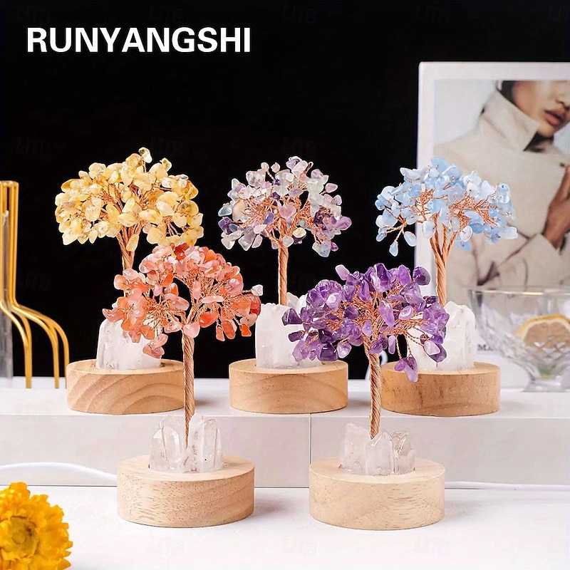 1pc Natural Clear Quartz Crystal Chip Tree - USB Port Decorative Bedside Ambiance Nightlight