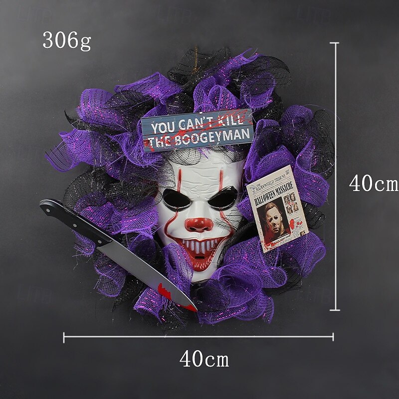 Halloween Wreaths for Front Door Indoor Outdoor Decoration, Clown Mask Wreath Hanging Ornament for Spooky Party and Haunted House Decor3